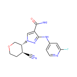 N#C[C@H]1CCOC[C@@H]1n1cc(C(N)=O)c(Nc2ccnc(F)c2)n1 ZINC000204977619