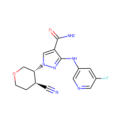 N#C[C@H]1CCOC[C@@H]1n1cc(C(N)=O)c(Nc2cncc(F)c2)n1 ZINC000205012159