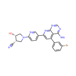 N#C[C@H]1CN(c2ccc(-c3cc(-c4cccc(Br)c4)c4c(N)ncnc4n3)cn2)C[C@H]1O ZINC000013538461