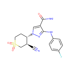 N#C[C@H]1CS(=O)(=O)CC[C@@H]1n1cc(C(N)=O)c(Nc2ccc(F)cc2)n1 ZINC000220671943