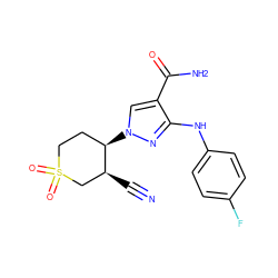 N#C[C@H]1CS(=O)(=O)CC[C@H]1n1cc(C(N)=O)c(Nc2ccc(F)cc2)n1 ZINC000220671875