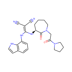 N#CC(C#N)=C(Nc1cccc2cc[nH]c12)N[C@H]1CCCCN(CC(=O)N2CCCC2)C1=O ZINC000003955435