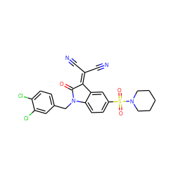 N#CC(C#N)=C1C(=O)N(Cc2ccc(Cl)c(Cl)c2)c2ccc(S(=O)(=O)N3CCCCC3)cc21 ZINC000045506622