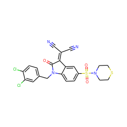 N#CC(C#N)=C1C(=O)N(Cc2ccc(Cl)c(Cl)c2)c2ccc(S(=O)(=O)N3CCSCC3)cc21 ZINC000049878620