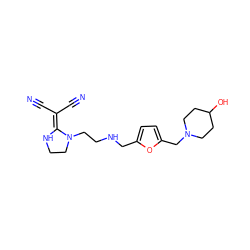 N#CC(C#N)=C1NCCN1CCNCc1ccc(CN2CCC(O)CC2)o1 ZINC000013825572