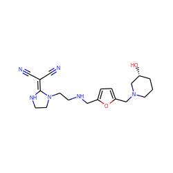 N#CC(C#N)=C1NCCN1CCNCc1ccc(CN2CCC[C@@H](O)C2)o1 ZINC000013825574