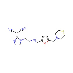 N#CC(C#N)=C1NCCN1CCNCc1ccc(CN2CCSCC2)o1 ZINC000013825585