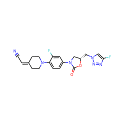 N#CC=C1CCN(c2ccc(N3C[C@H](Cn4cc(F)nn4)OC3=O)cc2F)CC1 ZINC000095581008