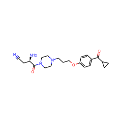 N#CC[C@@H](N)C(=O)N1CCN(CCCOc2ccc(C(=O)C3CC3)cc2)CC1 ZINC000096900194