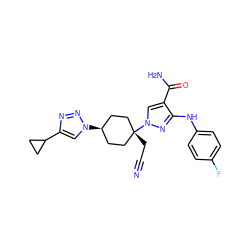 N#CC[C@]1(n2cc(C(N)=O)c(Nc3ccc(F)cc3)n2)CC[C@H](n2cc(C3CC3)nn2)CC1 ZINC001772599429