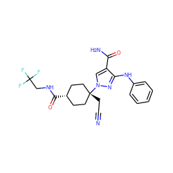 N#CC[C@]1(n2cc(C(N)=O)c(Nc3ccccc3)n2)CC[C@@H](C(=O)NCC(F)(F)F)CC1 ZINC001772639196