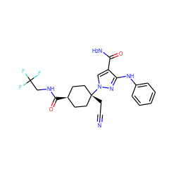 N#CC[C@]1(n2cc(C(N)=O)c(Nc3ccccc3)n2)CC[C@H](C(=O)NCC(F)(F)F)CC1 ZINC001772629188