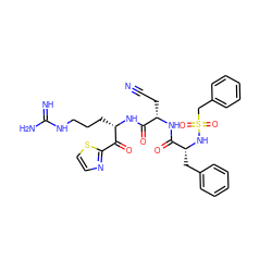 N#CC[C@H](NC(=O)[C@@H](Cc1ccccc1)NS(=O)(=O)Cc1ccccc1)C(=O)N[C@@H](CCCNC(=N)N)C(=O)c1nccs1 ZINC000026399946