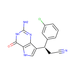 N#CC[C@H](c1cccc(Cl)c1)c1c[nH]c2c(=O)[nH]c(N)nc12 ZINC000000005684