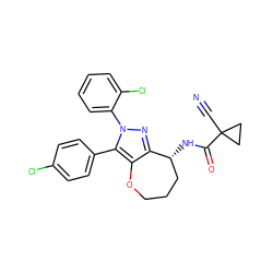 N#CC1(C(=O)N[C@@H]2CCCOc3c2nn(-c2ccccc2Cl)c3-c2ccc(Cl)cc2)CC1 ZINC000084739757