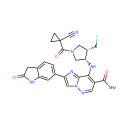 N#CC1(C(=O)N2C[C@H](CF)[C@H](Nc3c(C(N)=O)cnn4cc(-c5ccc6c(c5)NC(=O)C6)nc34)C2)CC1 ZINC001772607336