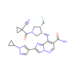 N#CC1(C(=O)N2C[C@H](CF)[C@H](Nc3c(C(N)=O)cnn4cc(-c5cnn(C6CC6)c5)nc34)C2)CC1 ZINC001772621787