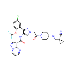 N#CC1(CNC2CCN(C(=O)Cn3cc(NC(=O)c4cnn5cccnc45)c(-c4cc(Cl)ccc4OC(F)F)n3)CC2)CC1 ZINC001772612323