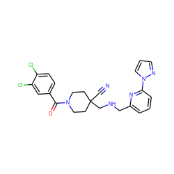 N#CC1(CNCc2cccc(-n3cccn3)n2)CCN(C(=O)c2ccc(Cl)c(Cl)c2)CC1 ZINC000013797271