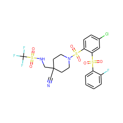 N#CC1(CNS(=O)(=O)C(F)(F)F)CCN(S(=O)(=O)c2ccc(Cl)cc2S(=O)(=O)c2ccccc2F)CC1 ZINC000049757219