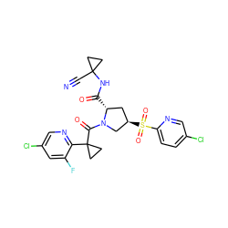 N#CC1(NC(=O)[C@@H]2C[C@@H](S(=O)(=O)c3ccc(Cl)cn3)CN2C(=O)C2(c3ncc(Cl)cc3F)CC2)CC1 ZINC000211099629