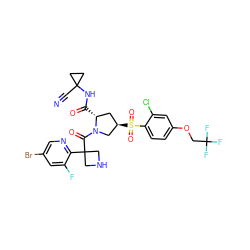 N#CC1(NC(=O)[C@@H]2C[C@@H](S(=O)(=O)c3ccc(OCC(F)(F)F)cc3Cl)CN2C(=O)C2(c3ncc(Br)cc3F)CNC2)CC1 ZINC000169705923