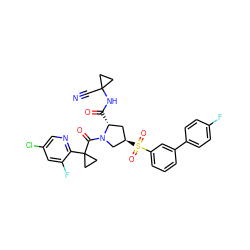 N#CC1(NC(=O)[C@@H]2C[C@@H](S(=O)(=O)c3cccc(-c4ccc(F)cc4)c3)CN2C(=O)C2(c3ncc(Cl)cc3F)CC2)CC1 ZINC000211086200