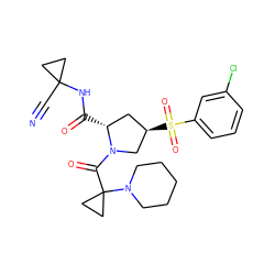 N#CC1(NC(=O)[C@@H]2C[C@@H](S(=O)(=O)c3cccc(Cl)c3)CN2C(=O)C2(N3CCCCC3)CC2)CC1 ZINC000169705353