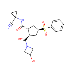 N#CC1(NC(=O)[C@@H]2C[C@@H](S(=O)(=O)c3ccccc3)C[C@H]2C(=O)N2CC(O)C2)CC1 ZINC000103242356