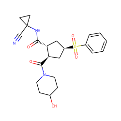 N#CC1(NC(=O)[C@@H]2C[C@@H](S(=O)(=O)c3ccccc3)C[C@H]2C(=O)N2CCC(O)CC2)CC1 ZINC000103240560