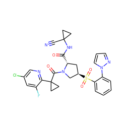 N#CC1(NC(=O)[C@@H]2C[C@@H](S(=O)(=O)c3ccccc3-n3cccn3)CN2C(=O)C2(c3ncc(Cl)cc3F)CC2)CC1 ZINC000211035644