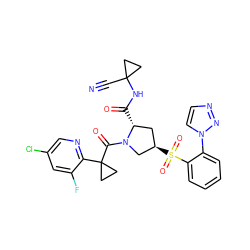 N#CC1(NC(=O)[C@@H]2C[C@@H](S(=O)(=O)c3ccccc3-n3ccnn3)CN2C(=O)C2(c3ncc(Cl)cc3F)CC2)CC1 ZINC000145521403