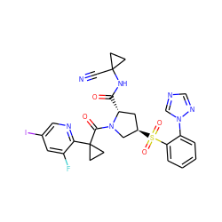 N#CC1(NC(=O)[C@@H]2C[C@@H](S(=O)(=O)c3ccccc3-n3cncn3)CN2C(=O)C2(c3ncc(I)cc3F)CC2)CC1 ZINC000211029580