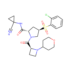 N#CC1(NC(=O)[C@@H]2C[C@@H](S(=O)(=O)c3ccccc3Cl)CN2C(=O)[C@@H]2CCN2C2CCOCC2)CC1 ZINC000169705292