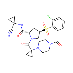 N#CC1(NC(=O)[C@@H]2C[C@@H](S(=O)(=O)c3ccccc3Cl)CN2C(=O)C2(N3CCN(C=O)CC3)CC2)CC1 ZINC000169705343