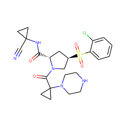 N#CC1(NC(=O)[C@@H]2C[C@@H](S(=O)(=O)c3ccccc3Cl)CN2C(=O)C2(N3CCNCC3)CC2)CC1 ZINC000169705339