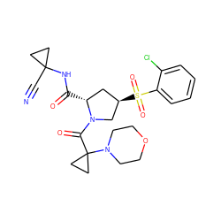 N#CC1(NC(=O)[C@@H]2C[C@@H](S(=O)(=O)c3ccccc3Cl)CN2C(=O)C2(N3CCOCC3)CC2)CC1 ZINC000169705348