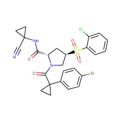 N#CC1(NC(=O)[C@@H]2C[C@@H](S(=O)(=O)c3ccccc3Cl)CN2C(=O)C2(c3ccc(Br)cc3)CC2)CC1 ZINC000095586114