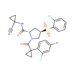 N#CC1(NC(=O)[C@@H]2C[C@@H](S(=O)(=O)c3ccccc3Cl)CN2C(=O)C2(c3ccc(Br)cc3F)CC2)CC1 ZINC000095586159