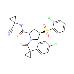 N#CC1(NC(=O)[C@@H]2C[C@@H](S(=O)(=O)c3ccccc3Cl)CN2C(=O)C2(c3ccc(Cl)cc3)CC2)CC1 ZINC000095587807