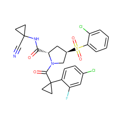 N#CC1(NC(=O)[C@@H]2C[C@@H](S(=O)(=O)c3ccccc3Cl)CN2C(=O)C2(c3ccc(Cl)cc3F)CC2)CC1 ZINC000095591665