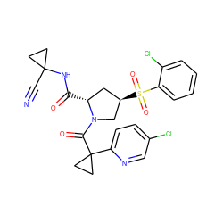 N#CC1(NC(=O)[C@@H]2C[C@@H](S(=O)(=O)c3ccccc3Cl)CN2C(=O)C2(c3ccc(Cl)cn3)CC2)CC1 ZINC000211073789