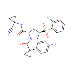 N#CC1(NC(=O)[C@@H]2C[C@@H](S(=O)(=O)c3ccccc3Cl)CN2C(=O)C2(c3ccc(I)cc3)CC2)CC1 ZINC000095591761