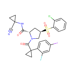 N#CC1(NC(=O)[C@@H]2C[C@@H](S(=O)(=O)c3ccccc3Cl)CN2C(=O)C2(c3ccc(I)cc3F)CC2)CC1 ZINC000095590898