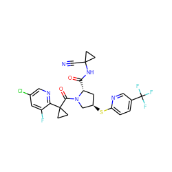 N#CC1(NC(=O)[C@@H]2C[C@@H](Sc3ccc(C(F)(F)F)cn3)CN2C(=O)C2(c3ncc(Cl)cc3F)CC2)CC1 ZINC000145615966