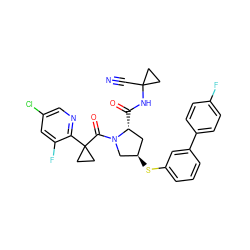 N#CC1(NC(=O)[C@@H]2C[C@@H](Sc3cccc(-c4ccc(F)cc4)c3)CN2C(=O)C2(c3ncc(Cl)cc3F)CC2)CC1 ZINC000211080553