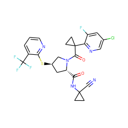 N#CC1(NC(=O)[C@@H]2C[C@@H](Sc3ncccc3C(F)(F)F)CN2C(=O)C2(c3ncc(Cl)cc3F)CC2)CC1 ZINC000145813409