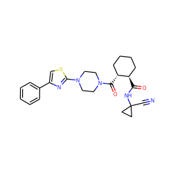 N#CC1(NC(=O)[C@@H]2CCCC[C@H]2C(=O)N2CCN(c3nc(-c4ccccc4)cs3)CC2)CC1 ZINC000084672076