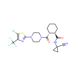 N#CC1(NC(=O)[C@@H]2CCCC[C@H]2C(=O)N2CCN(c3nc(C(F)(F)F)c(Cl)s3)CC2)CC1 ZINC000084690196