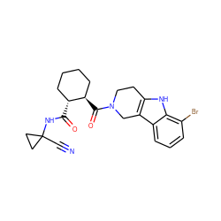 N#CC1(NC(=O)[C@@H]2CCCC[C@H]2C(=O)N2CCc3[nH]c4c(Br)cccc4c3C2)CC1 ZINC000095557205